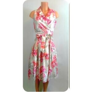 Jessica Howard Pink Floral Silver Wrap A-Line Midi Dress Sleeveless Size 14